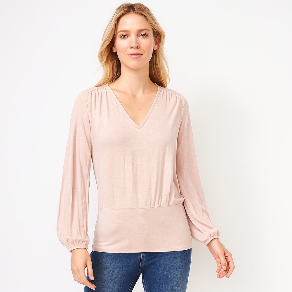 NWT White House Black Market Long Sleeve V Neck Banded Top Sepia Rose XXS #WHBM6
